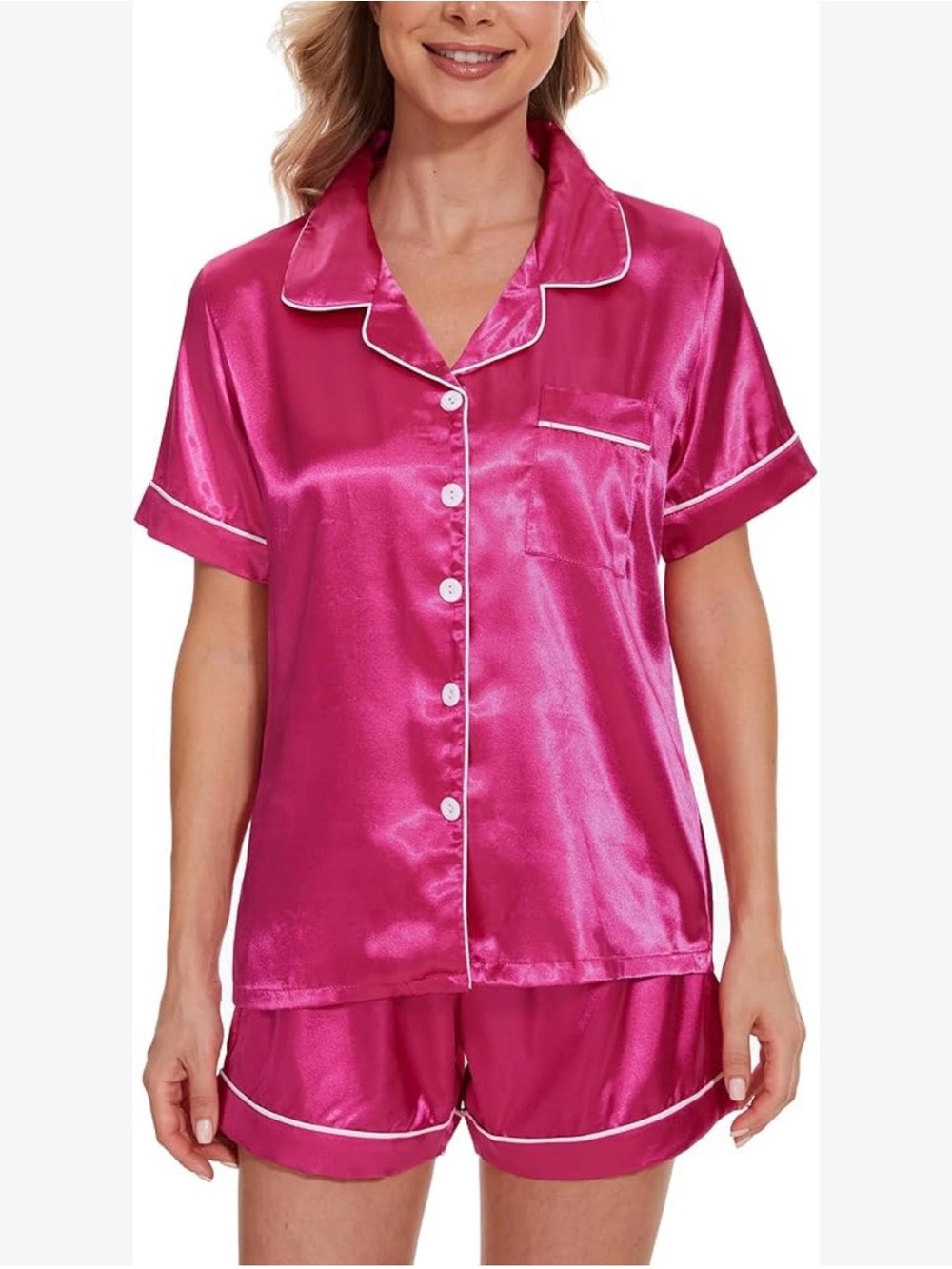 Satin Short Pajama Set - Hot Pink size Medium